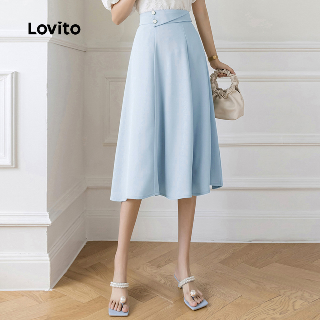 (Trendy) Lovito Saias assimétricas casuais com zíper de botão liso para mulheres L121AD1154 - Women Clothes