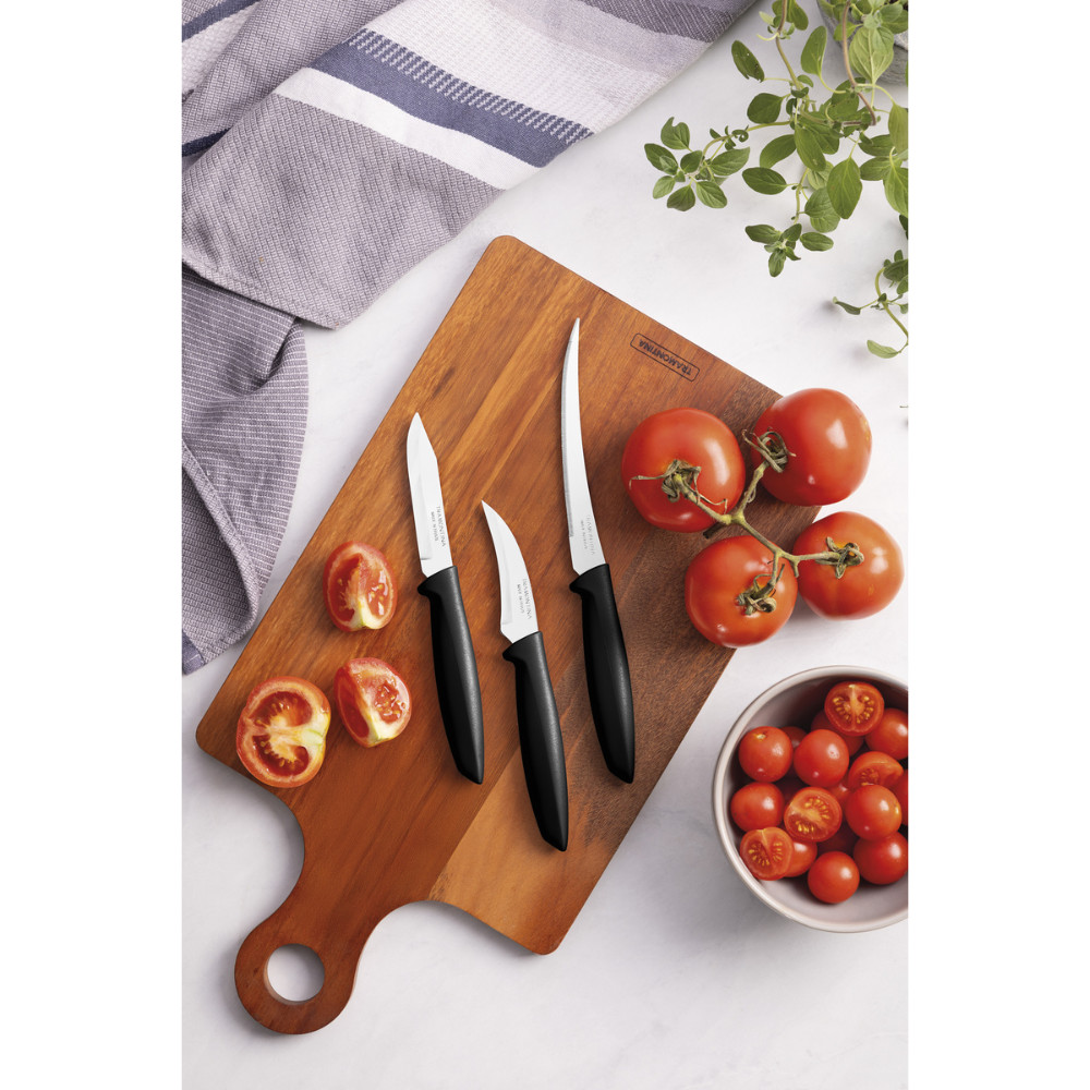 Detalhes do Kit Facas Tramontina 3 Peças 1 Faca para tornear , 1 Faca para legumes e frutas e 1 Faca de tomate cabo resistente