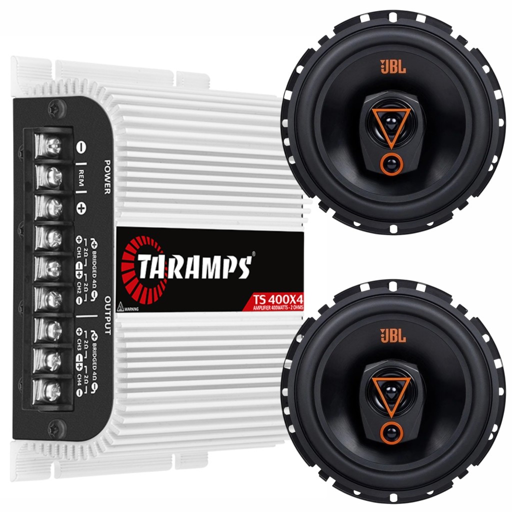 Kit 02 Alto Falantes Triaxiais JBL 6 pol 6TRMS80 80W + Módulo Amplificador Taramps TS400x4 400W