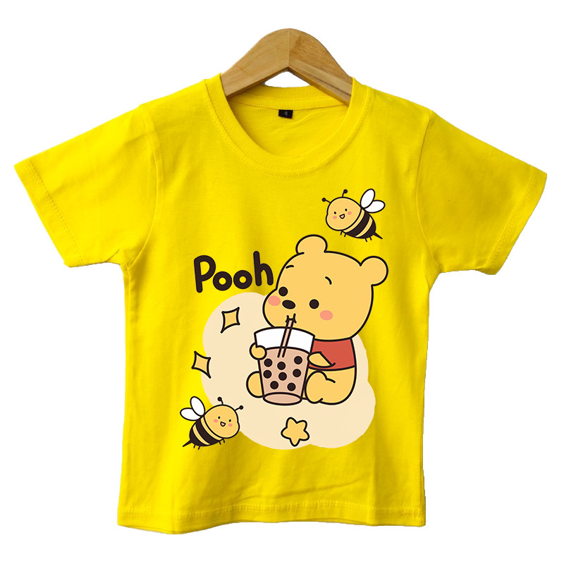 Camiseta Infantil KIDS Agodão Camisa gola redonda manga curta ursinho pooh bebendo em Oferta na Shopee