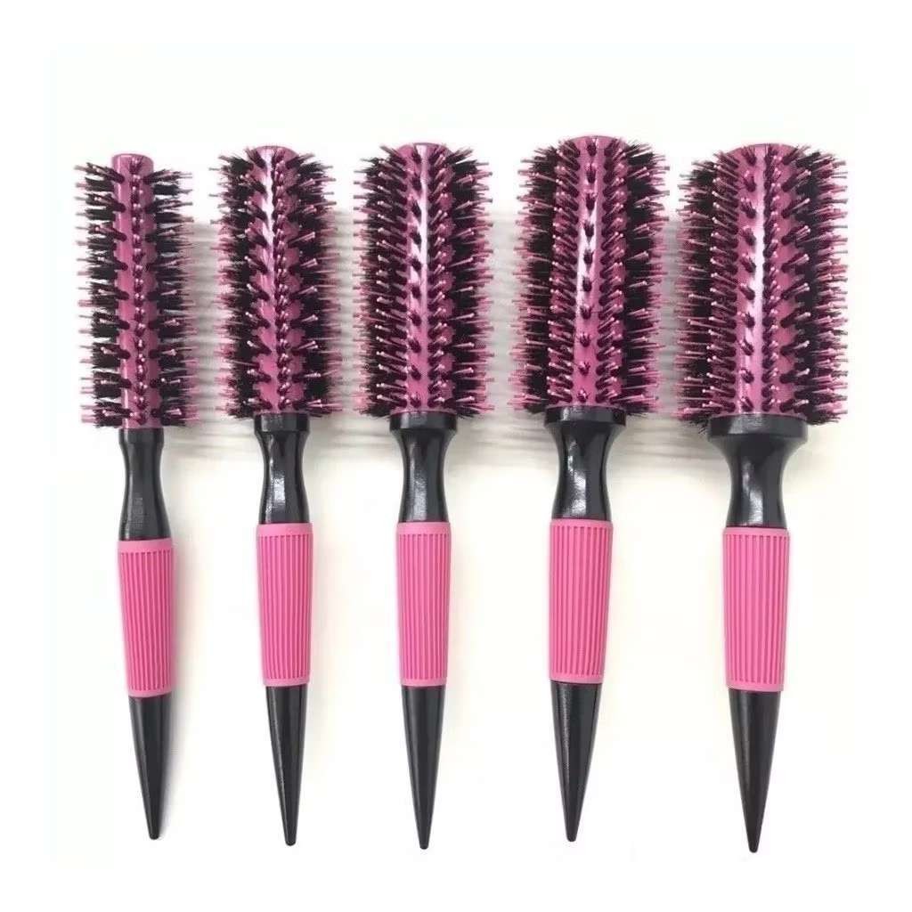 5 pc Escova De Cabelo Térmica Amarela/Rosa Madeira Mista Com Cerdas De Javali