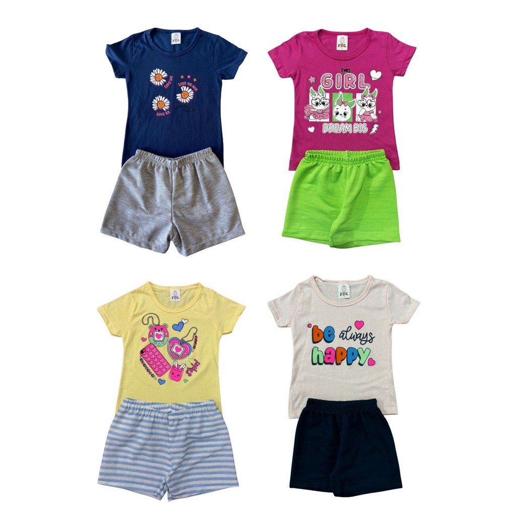 Conjunto de Roupa Infantil Menina Feminino 1 a 6 anos Blusa Short Confortável Primavera Verão