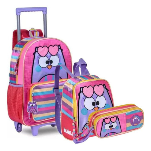 Kit Mochila de rodinhas Lancheira e estojo escolar Coruja corujinha rosa meninas Bubu em Oferta na Shopee
