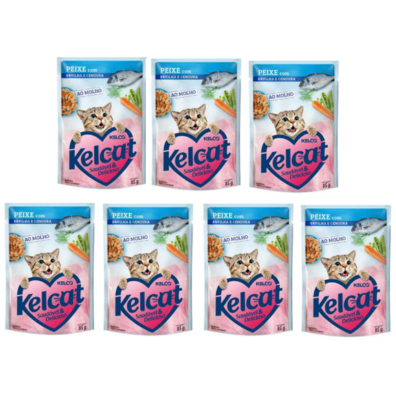 Kit semanal Ração Úmida Kelcat Sachê Peixe, Ervilha e Cenoura 7 unidades .