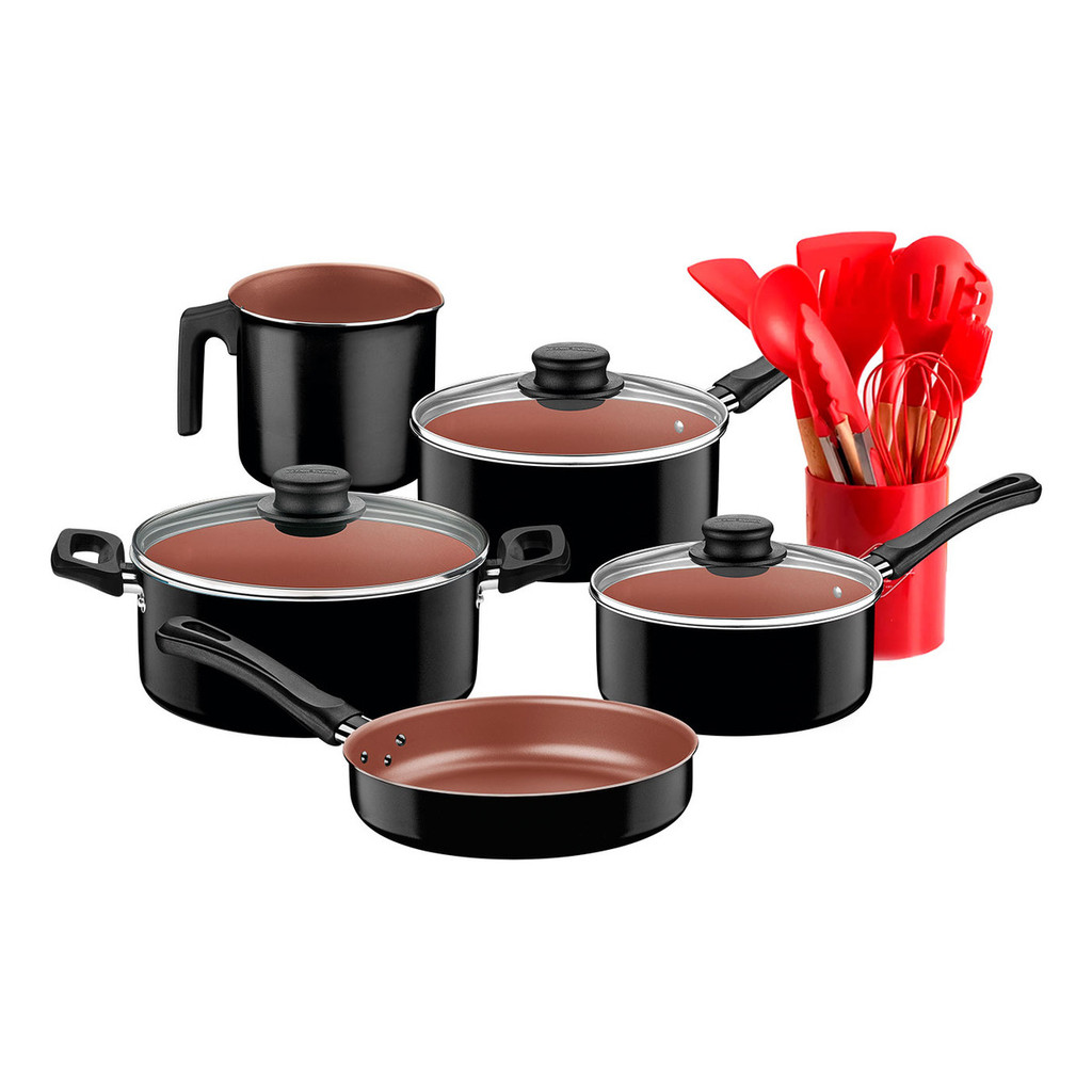 Jogo De Panelas 5 Peças Tramontina Caribe E 12 Utensílios de Silicone