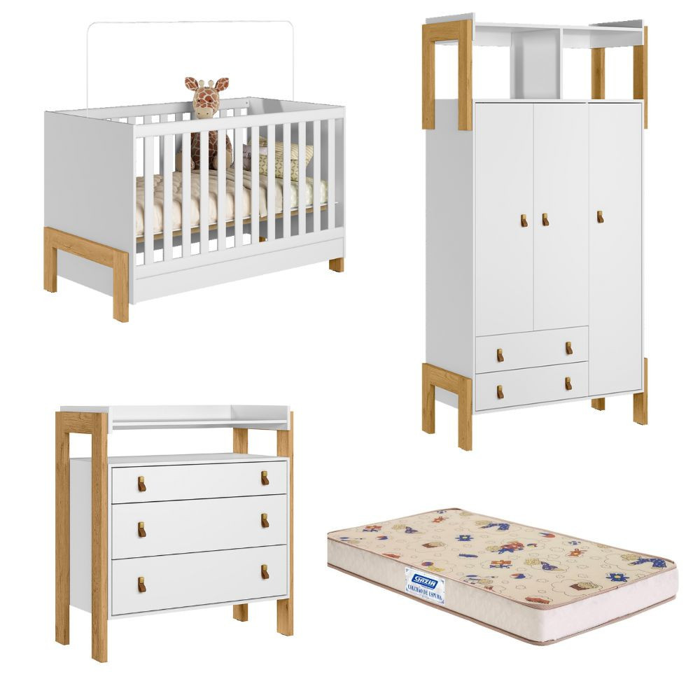 Quarto de Bebê Completo Berço mini cama Guarda-Roupa Cômoda Fantasia Qmovi e Colchão Gazin