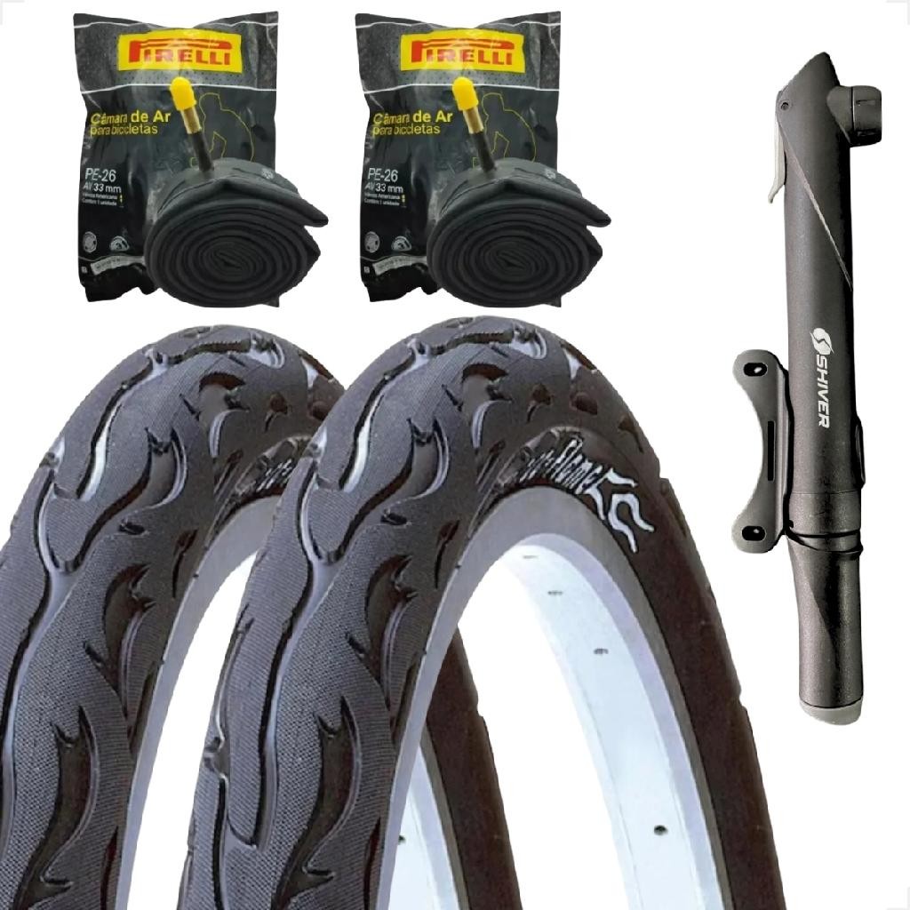 PAR Pneu Bicicleta Kenda Flame Balão Aro 26 x 2.125 Liso Fogo PAR Camara Pirelli Brinde Bomba de ar