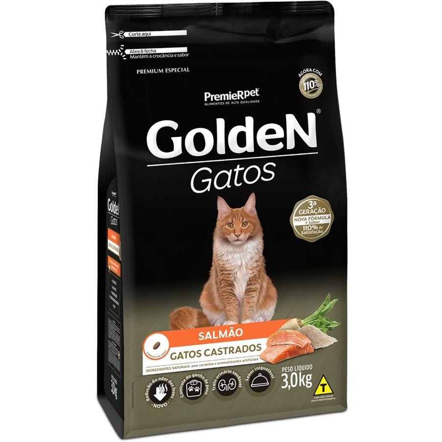 Ração GoldeN Sabor Salmão Gatos Adultos Castrados 3kg em Oferta na Shopee