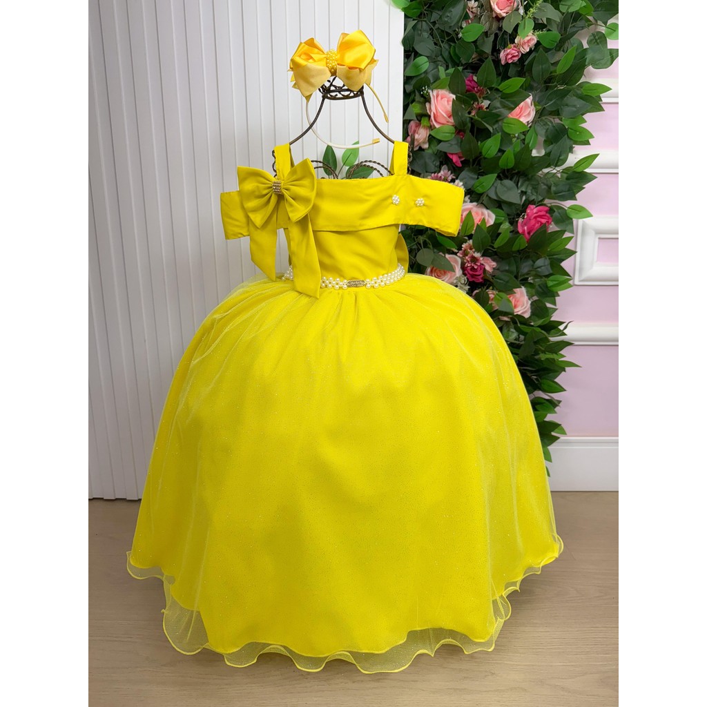 Vestido Infantil Menina Longo Amarelo Glitter Luxo Dama De Honra Daminha Formatura Evento Casamento