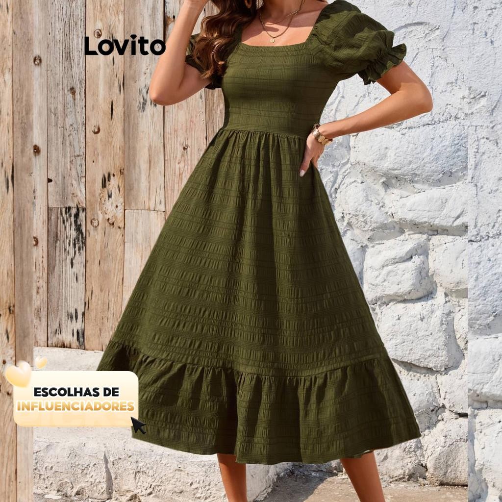 (KOL‘s pick) Lovito Vestido Boho liso com bainha em camadas e mangas bufantes para mulheres LBL19072 em Oferta na Shopee