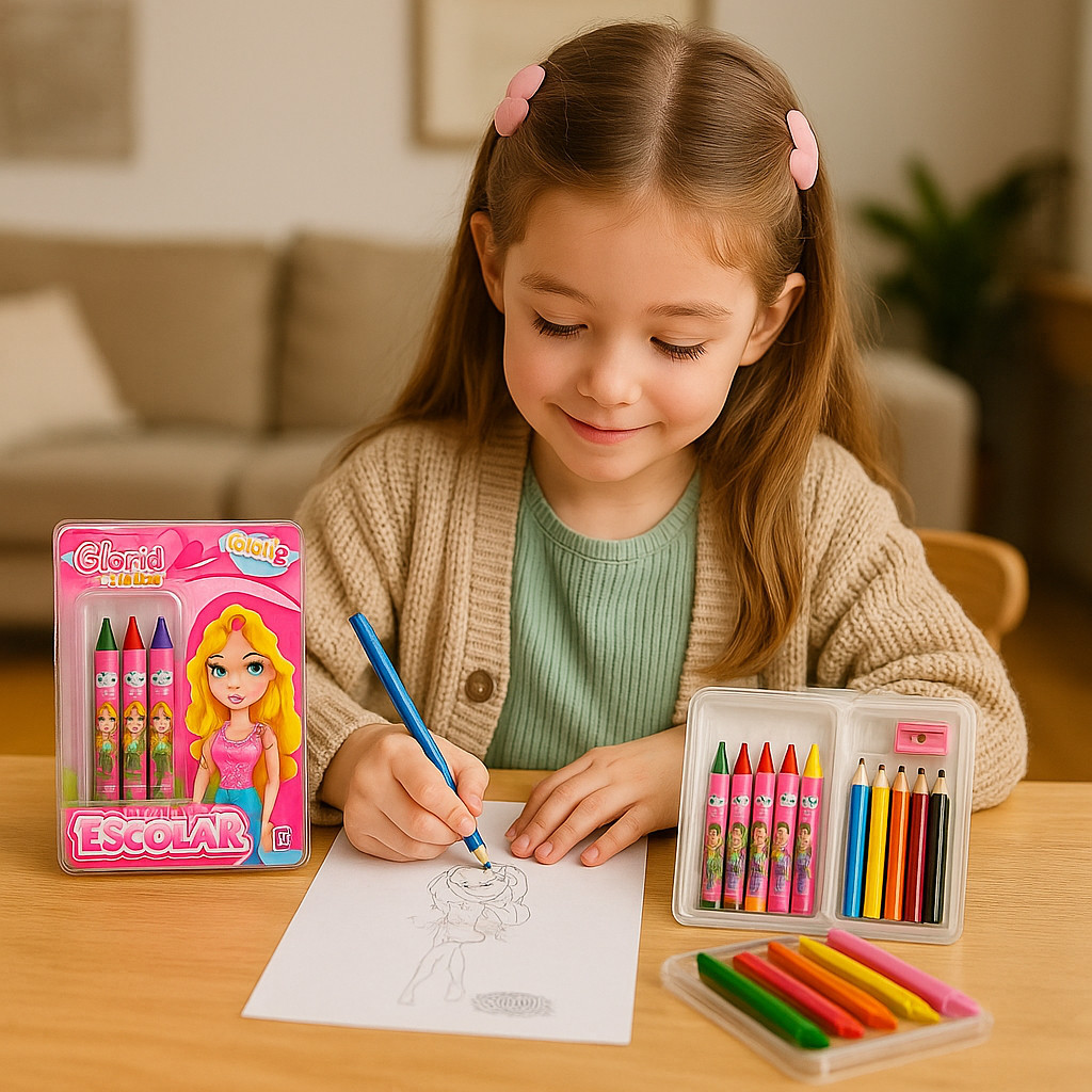 Estojo Infantil Escolar Glam Girl 18 Peças 6 desenhos para colorir atividades escolares crianças