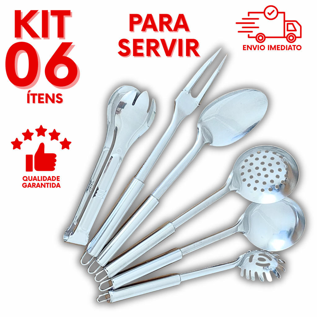 Combo De 6 Pecas Inox Servir Colher Concha Escumadeira Pegador Massa Garfo Trinchante Pegador Salada Natal