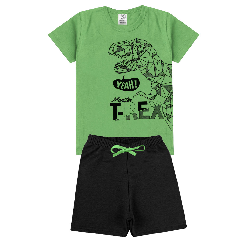 Conjunto Infantil Juvenil Dino Verde Pistache Masculino Menino - Duas Peças: Bermuda + Camiseta - Tamanho 10 a 12