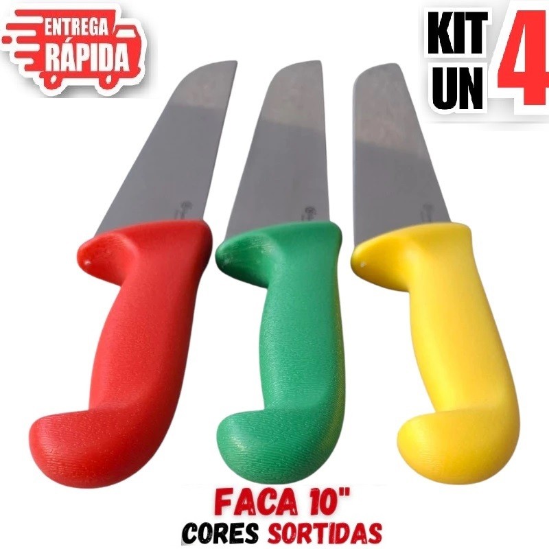 4 Unidade de Faca 10" Cabo diversa cores Aço Inox Açougueiro Profissional Churrasqueiro Cozinha