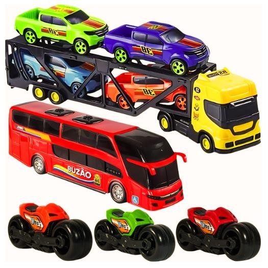 Kit Carreta Cegonheira Caminhão Brinquedo Motinha Ônibus