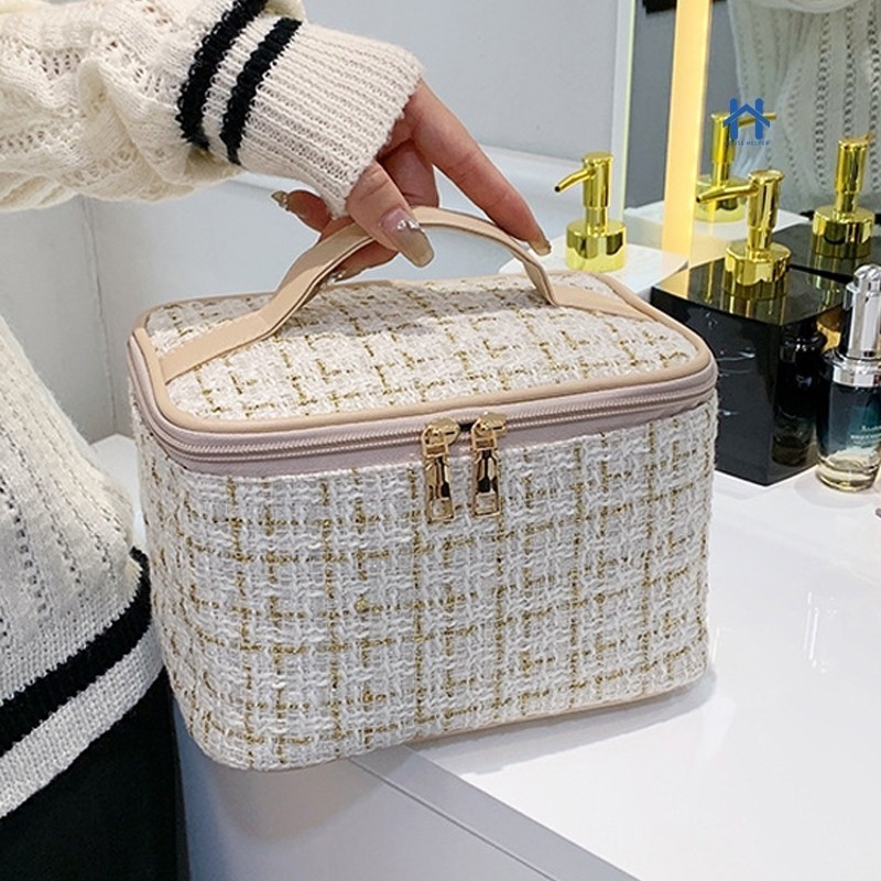 Bolsa Necessaire Tweed Feminina para Maquiagem com Zíper Para Viagem, Mochila, Alça em Courinhobela