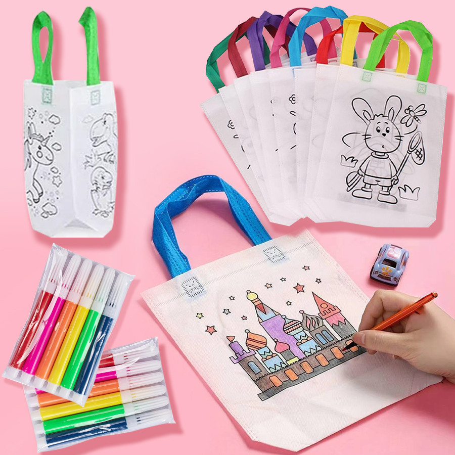 Saco De Grafite 20pcs DIY Com Marcadores Coloridos Pintura Artesanal Sacos Não Tecidos Para Artesanato Infantil Preenchimento De Cores Brinquedo De Desenho