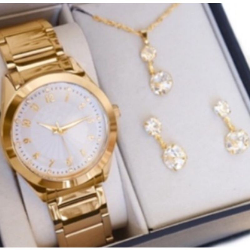 Relógio Feminino de aço Redondo Luxo + Kit Colar e brinco Luxo Mega promoção Mega Promoção Só Hoje