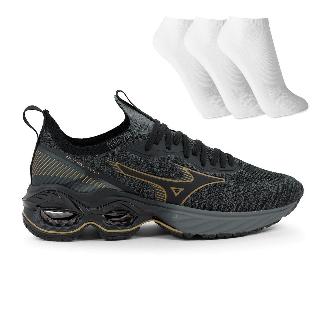 Tênis Mizuno Wave Invictus 3 Masculino + 3 Pares de Meias 100% Original Com Nota Fiscal e Garantia - Sports & Outdoors