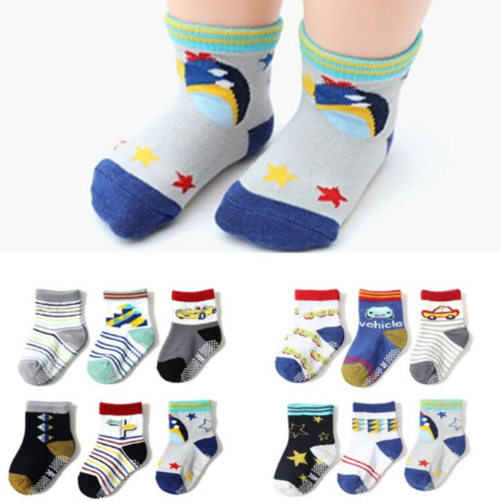 Kit 6 e 12 Pares de Meias Masculino para Recém Nascidos e Bebê Menino c/ Antiderrapante
