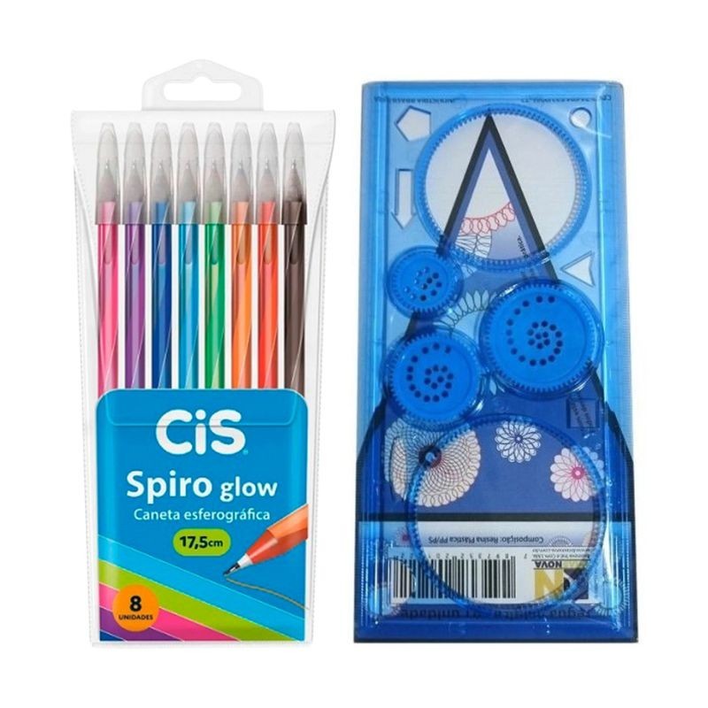 Kit Régua Mágica Espirógrafo +  8 Canetas CIS Spiro Glow