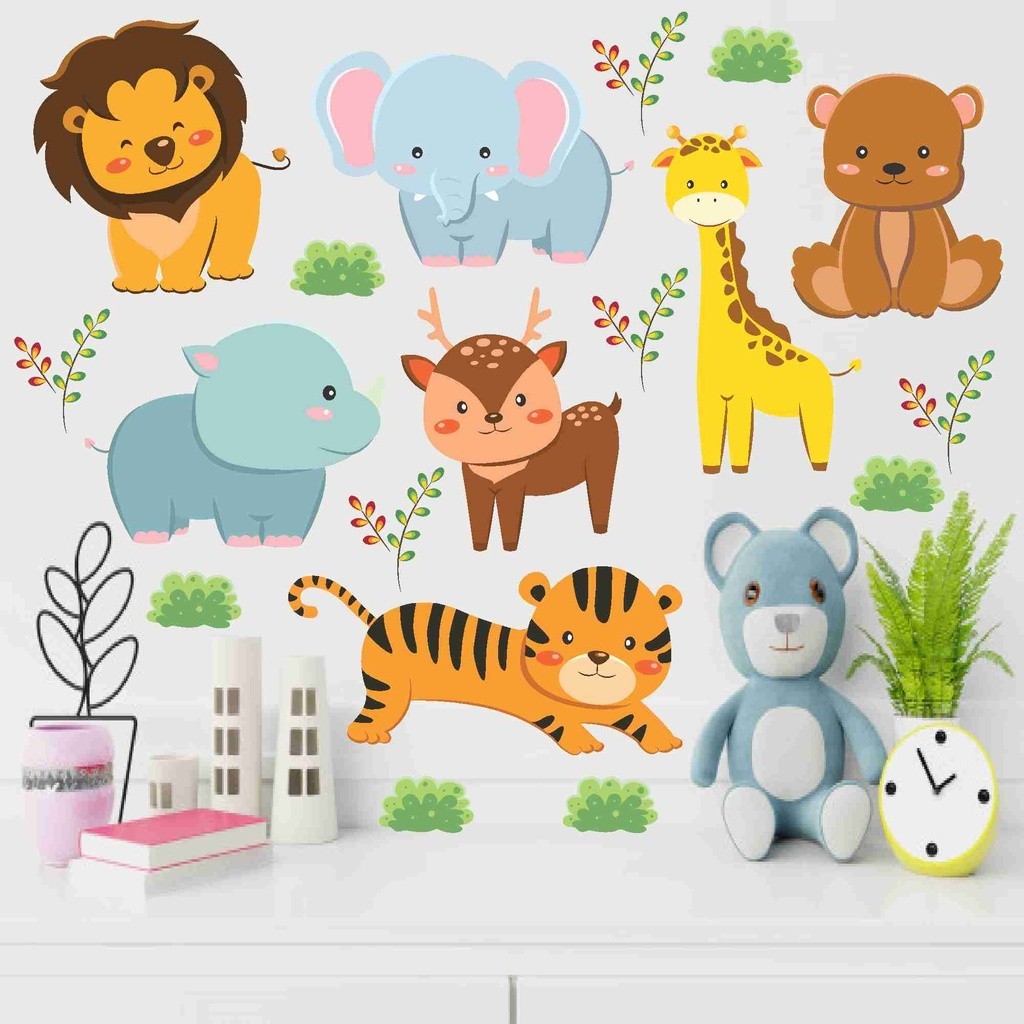 Papel de Parede Animais Safari Zoo Selva Adesivo Plantinhas Folhinhas Adesivo Decoração Infantil