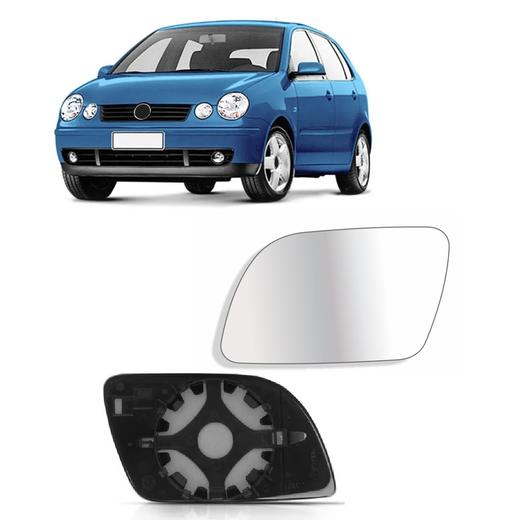 Lente Com Base Retrovisor Polo 2003 A 2009 Lado Esquerdo Metalizado Plano