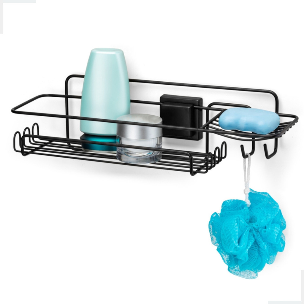 Prateleira Box Banheiro Porta Shampoo Sabonete Cosméticos Parede Fixação Ventosa Preto Black Arthi em Oferta na Shopee