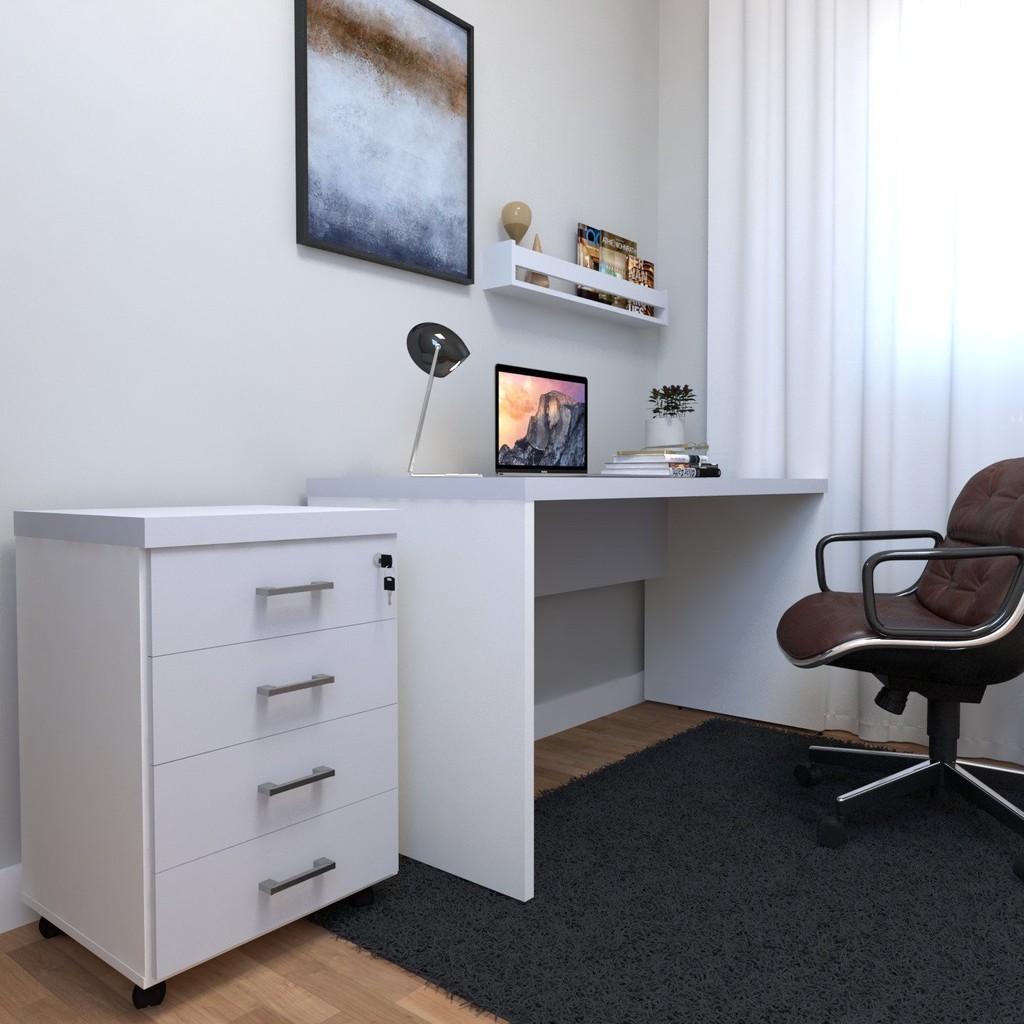 Escrivaninha Mesa Escritório com Gaveteiro e Prateleira 120cm Branco/Branco Gelo