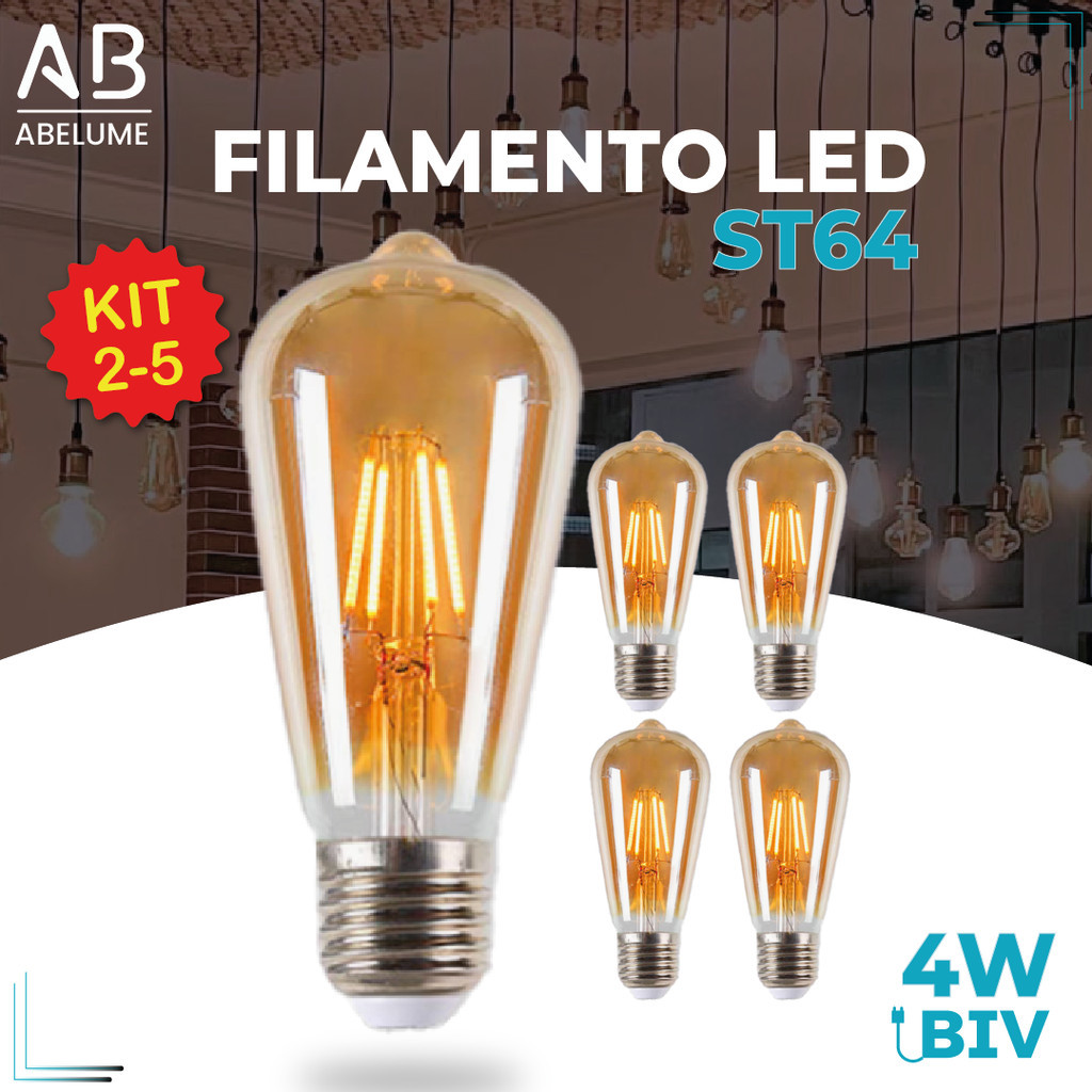 Kit 5 Lâmpada Filamento LED ST64 E27 4W LUZ QUENTE (AMARELO) Âmbar Retrô Vintage 110V~220V | Bivolt - Home & Living