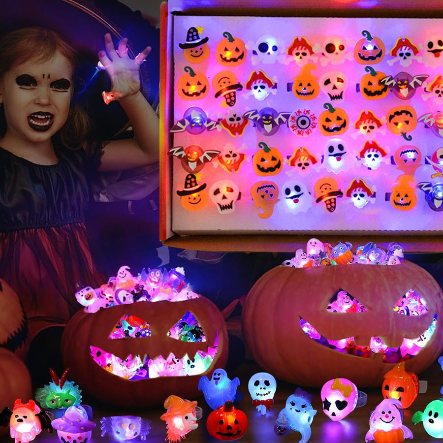 50pcs 3D Halloween Treats Iluminar Anéis Brinquedos De Para Crianças Adultas Piscando Leds Brilhantes No Escuro Suprimentos Festas Preenchimento De Sacos De Boas Presentes Sem Doces