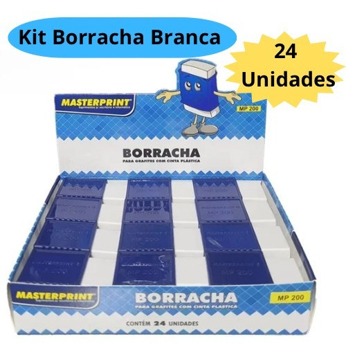 Kit 24 Borracha Branca Com Capa Azul 24 Unidades Escolar Escritório Masterprint