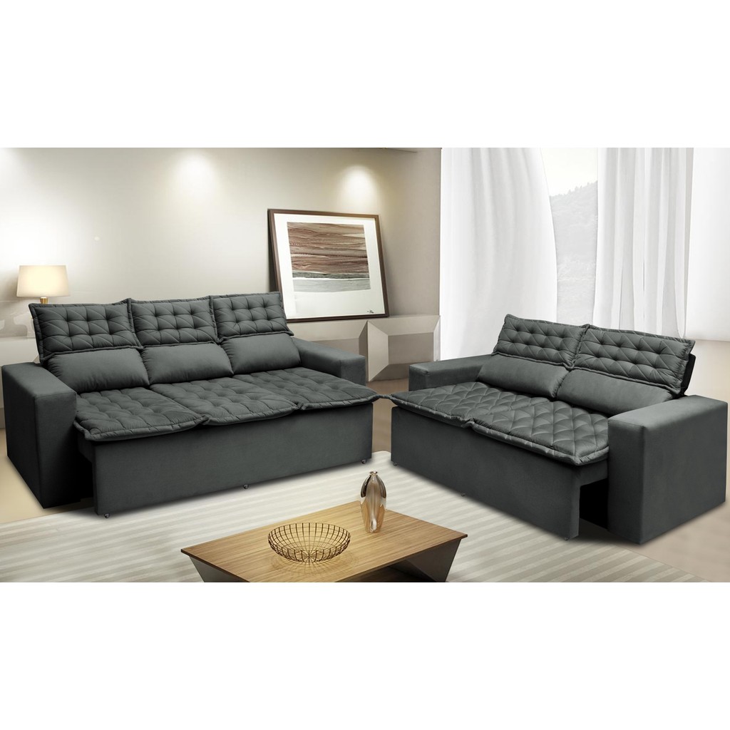 Conjunto de Sofá 3 e 2 Lugares Retrátil e Reclinável Cama inBox Slim 2,00x1,50m Velusoft Cinza em Oferta na Shopee