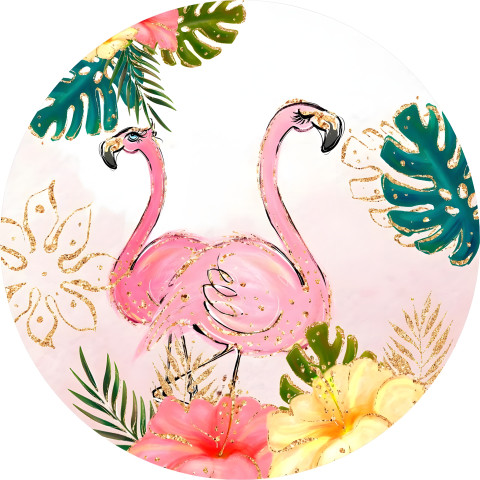 NOVO Painel Festa Infantil Redondo Flamingos Folhagem Tropicais, Aquarela detalhes Dourados + Arco, Suporte incluso. Fazemos personalizado com qualquer tema. Confeccionado em Lona fosca, impressão de alta resolução. cenário , p/ Decoração