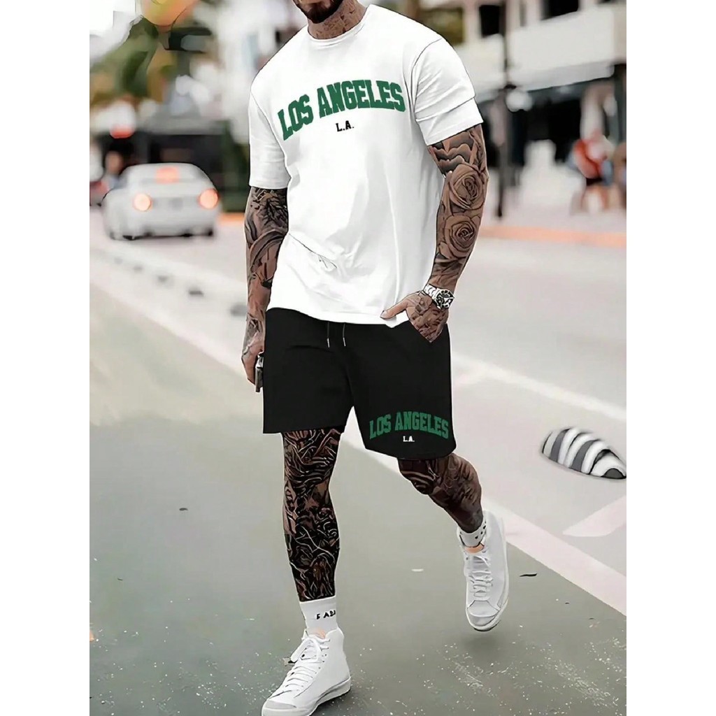 Kit Camiseta Básica Los Angeles L.A. Masculina Feminina Algodão Camisa Costura Reforçada Unissex StreetWear + Bermuda Los Angeles L.A. Moletom Masculina Short Treino Academia Esporte Fitness Casual com Bolso