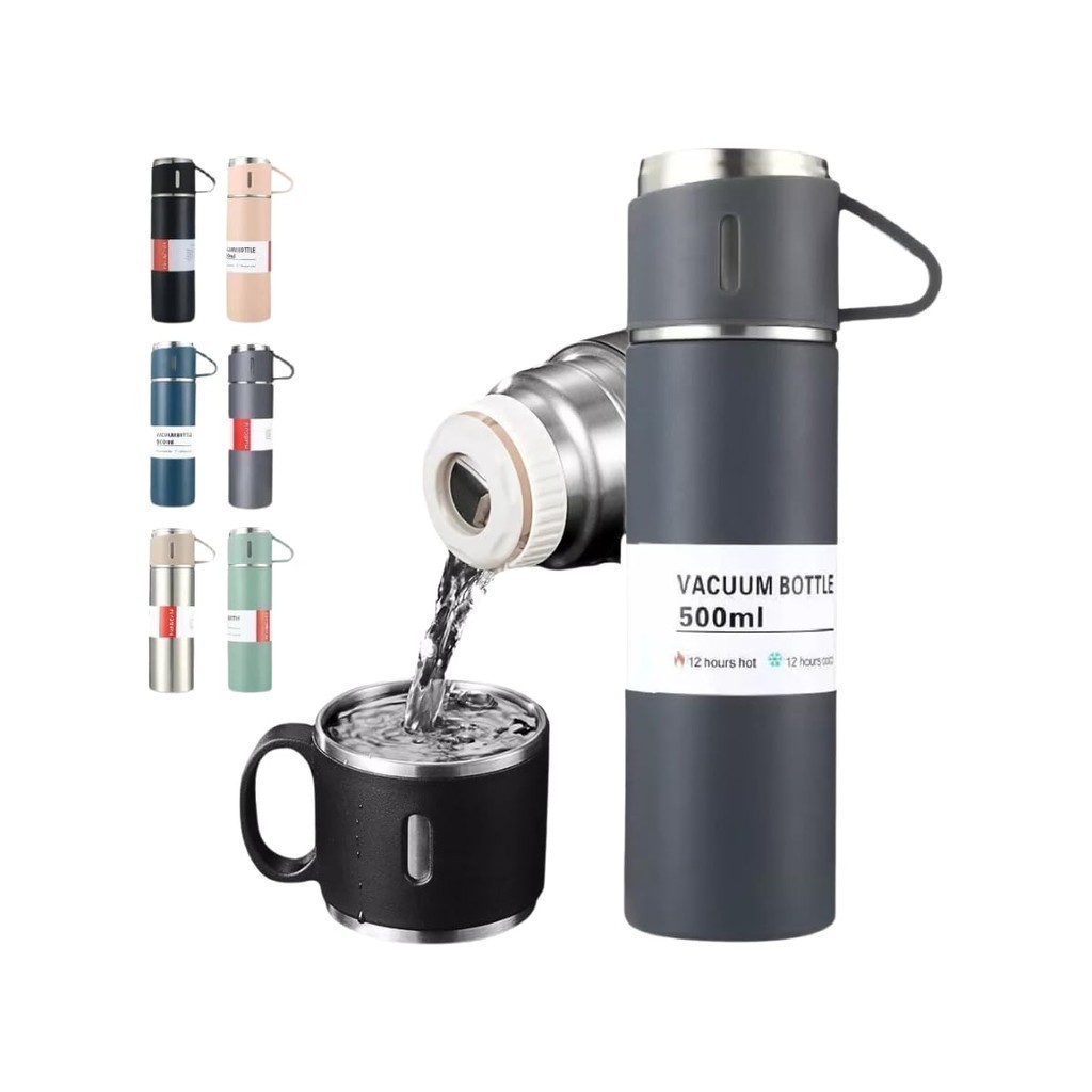 Kit Garrafa Térmica Inox 500ml Com 3 Xícaras Camping Viagem Café (Preta)