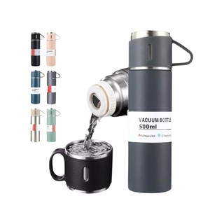 Kit Garrafa Térmica Inox 500ml Com 3 Xícaras Camping Viagem Café (Preta)