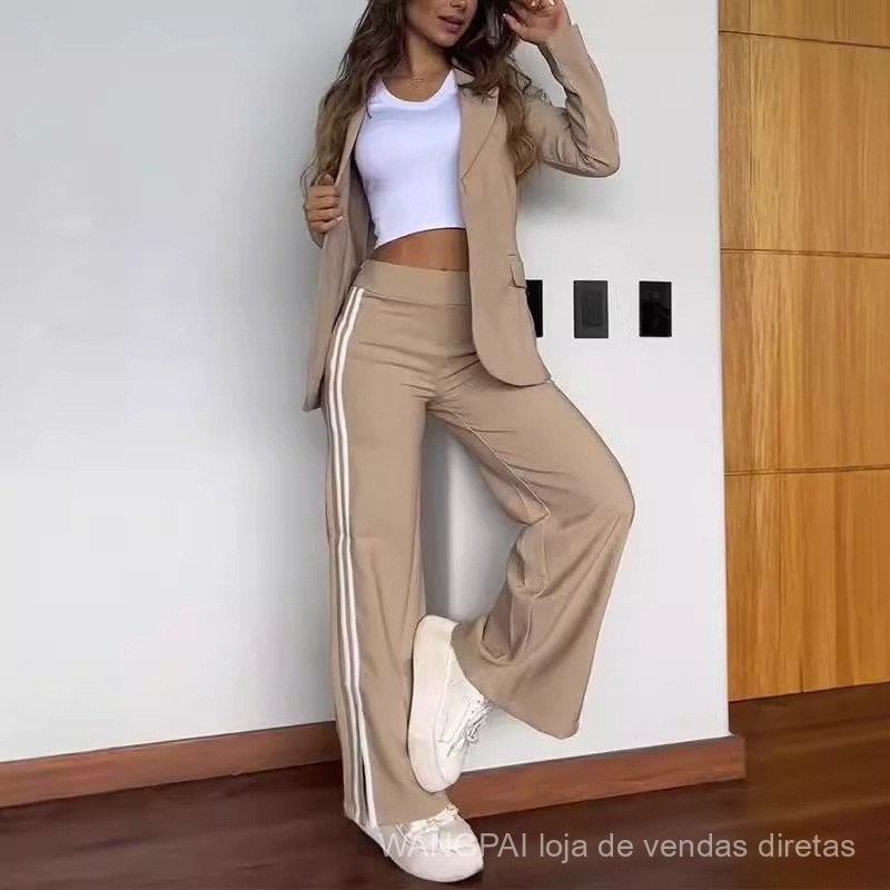 Conjuntos de mulheres listrado casual de manga comprida lapela blazer perna reta calças co...