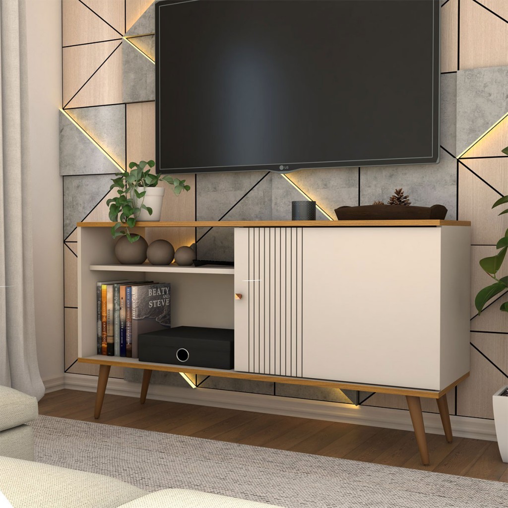 Rack para TV Até 50 Polegadas Retrô 1 Porta 1 Prateleira Cinamomo/Off White - Panorama Móveis - Home & Living