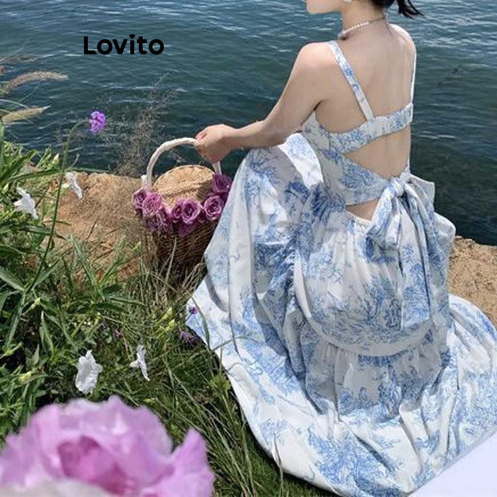 (Trendy) Lovito Vestido Elegante Com Flores Florais E Laço Nas Costas Com Cadarço Para Mulheres LNE67273 - Women Clothes