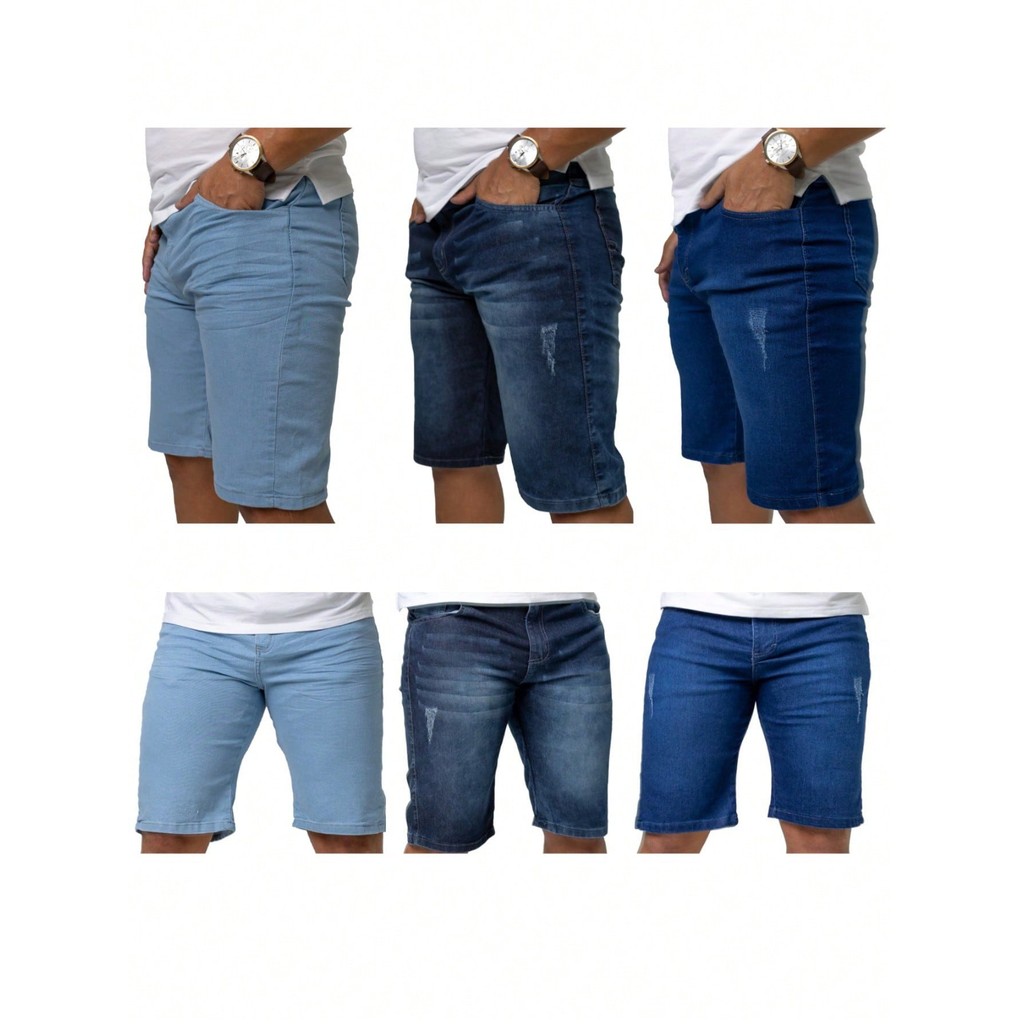 Kit 3 Bermuda Masculina Jeans C/ Elastano 1Azul Clara+1Azul Puído+1Azul Bigode Short Jeans Masculino
