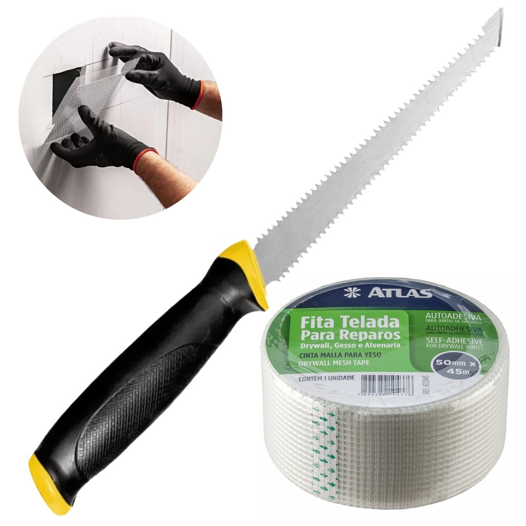 Kit Serrote para Gesso Drywall Lâmina Dupla Cabo Plástico 6" com Fita Telada Auto Adesiva 50mm x 45m Gesseiro