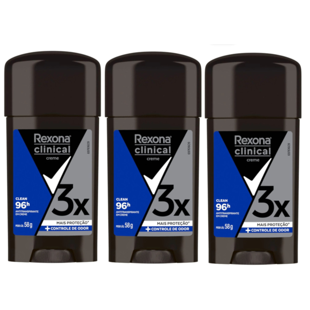 Kit Desodorante Antitranspirante Creme Rexona Men Clean Masculino 96h 3x mais Proteção 58g