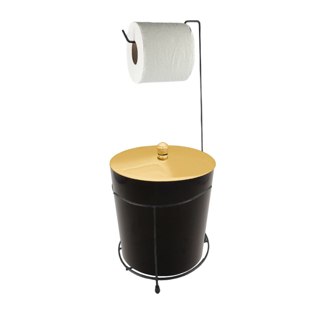 Kit Suporte Porta Papel Higiênico Lixeira 5 Litros Cesto Lixo Tampa Pino Banheiro Dourado Preto - Rotaplast