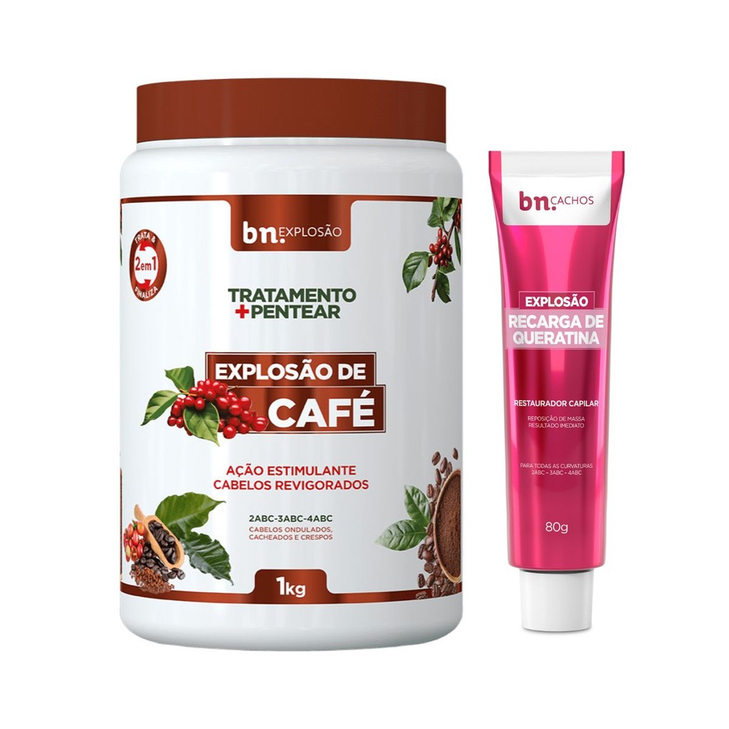 Kit Creme de Pentear e Tratamento de Café 1Kg + Recarga Explosão de Queratina 80g bn.Cachos