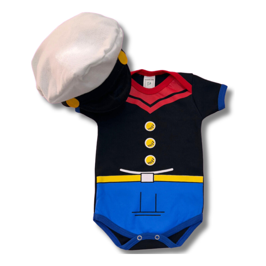 Body Bebê Popeye Com Chapéu Bori Marinheiro 100% Algodão