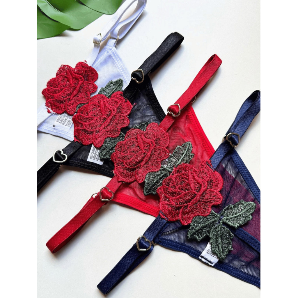 Tanga em  Rosa Bordada Fio Dental Regulável em Corações dourados Feminina em Oferta na Shopee