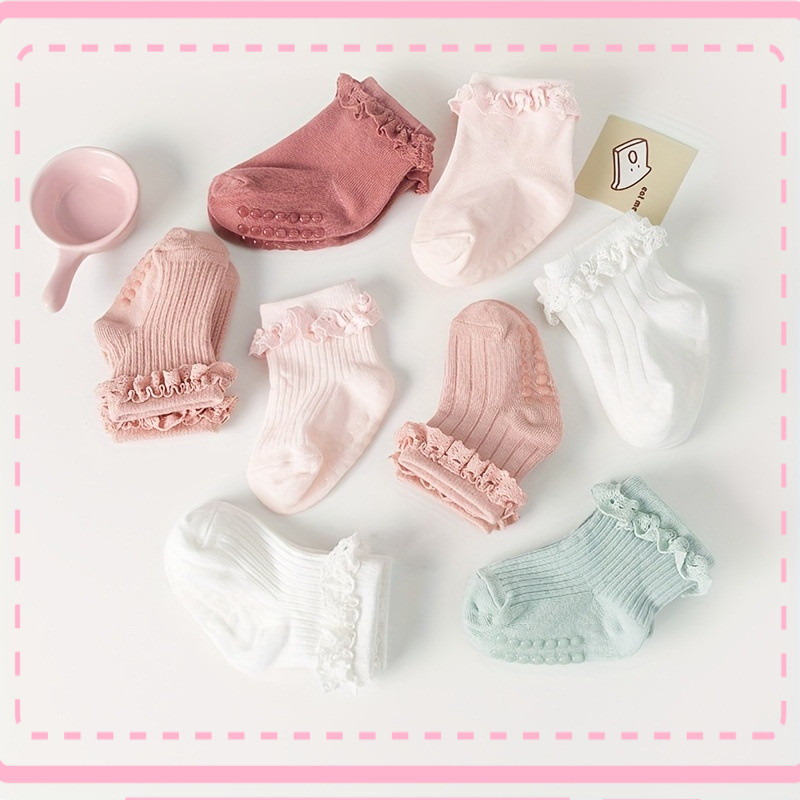 Meias De Renda De Algodão Antiderrapantes Para Bebês Meninas , Itens Essenciais Macios E Respiráveis Recém-Nascidos Com 
