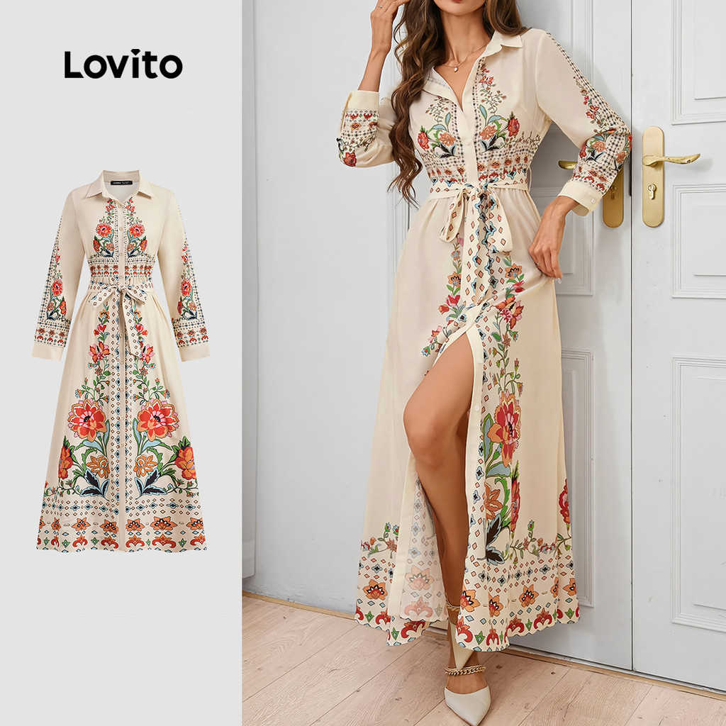 Lovito Vestido Boho Floral com costura frontal em tecido para mulheres LBL23617 - Women Clothes