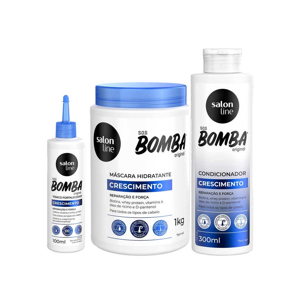 Kit com Tônico Fortalecedor Crescimento Acelerado + Condicionador + Máscara de Hidratação SOS Bomba Salon Line - Beauty